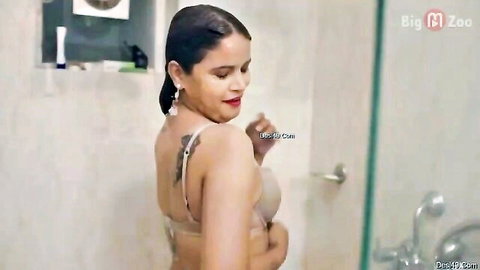 Indian beauty in wet bra shower scene from BEBO web series