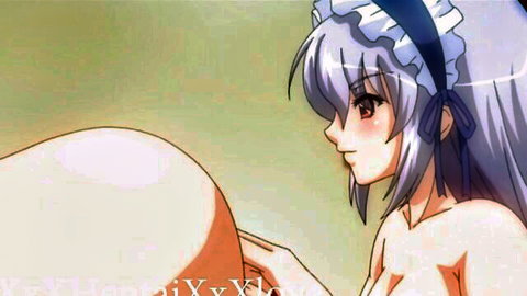 Silver-haired anime maid touching large breasts in uncensored hentai group sex