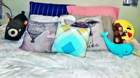 Cozy teen bedroom setup with plush toys and pillows for innocent cam play