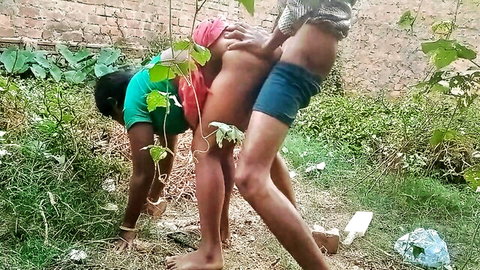 Indian outdoor threesome sex, girl in green top bent over fucked by boyfriend