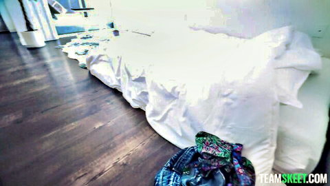 Empty white bed in modern bedroom, teasing setup for intimate penetration challenge