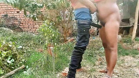 Indian man solo anal dildo play outdoors in forest, hardcore amateur
