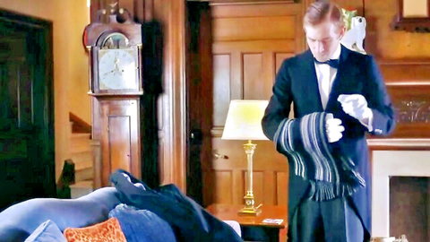 Elegant butler in tuxedo holding scarf in luxurious room, teasing busty wife affair