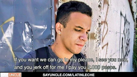 Latino guy in vest offers cash for jerk off session, street solicitation