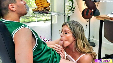 Cory Chase MILF coach gives blowjob to young athlete in lingerie