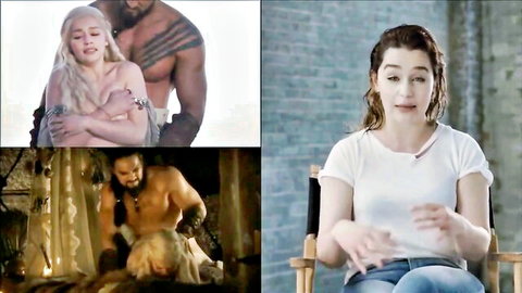 Daenerys Targaryen clothed vs topless with muscular lover comparison
