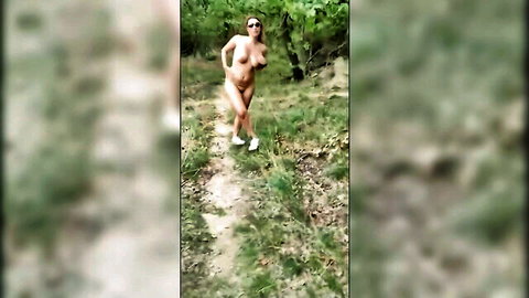 Amateur blonde walks nude in forest risking discovery outdoors