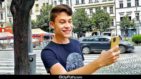 Finn Harper twink smiling selfie outdoors, teasing threesome fun