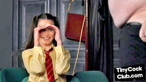 Brunette schoolgirl in uniform peeking and mocking tiny cock professor