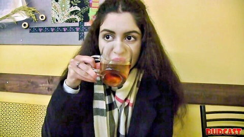 Innocent brunette beauty sipping tea, tricked by agent into quick sex