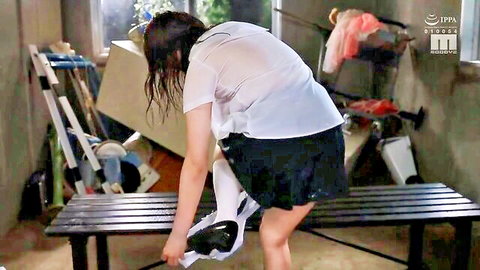 Wet Asian teen schoolgirl bending over in sheer blouse and skirt