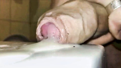 Massive cum explosion leaking from tight pink hole in intense closeup