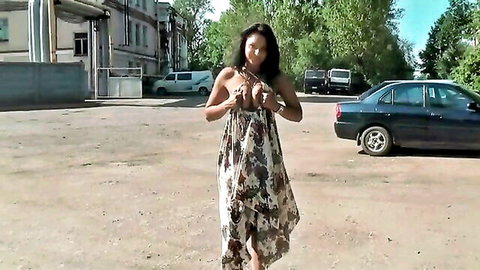 Amateur caramel skin teen flashes shaved pussy upskirt outdoors