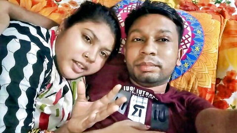 Bangladeshi wife and husband intimate selfie, desi couple in bed