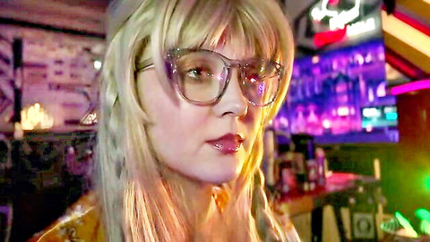 Blonde step aunt Shawna Panofka in glasses, seductive bar tease