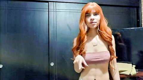 Hot PAWG Laura in pink tube top, teasing gesture with red hair