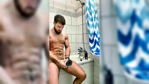 Bearded muscular redneck masturbating with fleshlight in bathroom