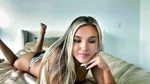 Jessica Parkerrr, new American blonde cutie in thong bikini, seductive bed pose