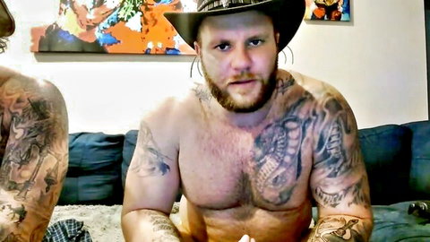 Muscular bearded Irish guy Irishulk777 solo jerk-off in cowboy hat, tattoos, hairy chest