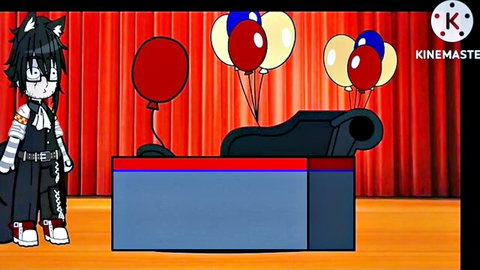 Anime catgirl in black striped outfit stands on stage with balloons and couch amid red curtains