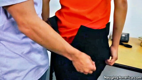 Priya Anjali Rai bent over desk as man pulls down her black pants in office scene