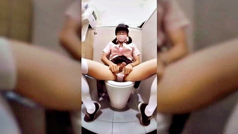 Crossdressed Asian in pink school uniform spreading legs in mall toilet
