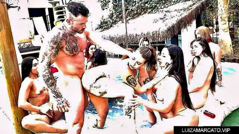 Maximo Garcia in massive nude orgy with 15 tattooed Latina women poolside