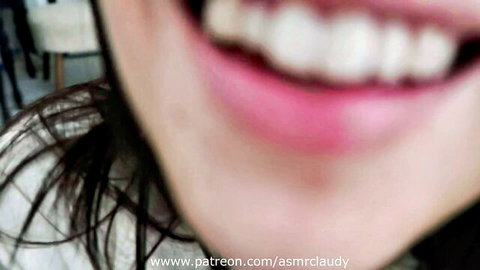 ASMR Claudy smiling close-up, red lips and brown hair in yoga tease