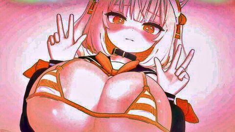 Busty hentai fox girl with huge bouncy tits overflowing skimpy orange bikini poses with peace signs