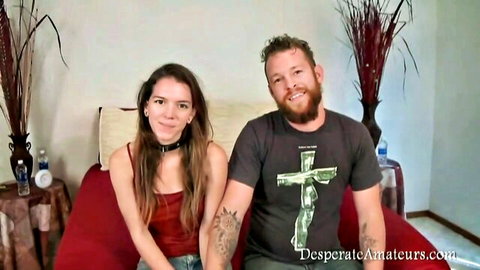 Amateur couple smiling in casting compilation, babe in choker ready for action