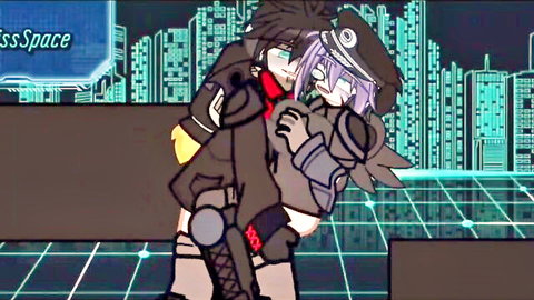 Cyberpunk anime couple passionately hugging in neon city with Kissspace watermark