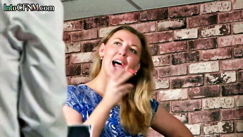 Blonde CFNM woman in blue dress tugging man's cock