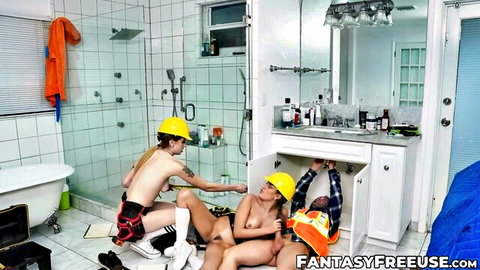 Selina Bentz and Lucy Foxx in hardcore threesome with hung worker