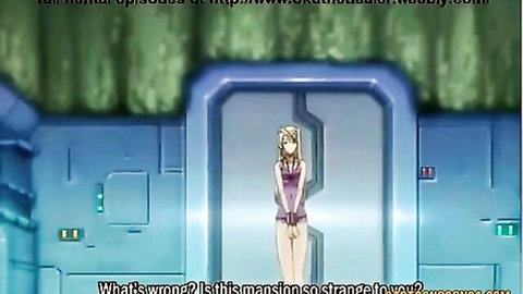 Blonde hentai girl in tight purple dress stands in sci-fi mansion doorway