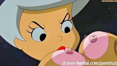 Angry cartoon girl in white hat gets face smothered by massive pink tits with erect nipples