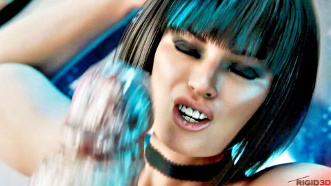 3D CGI babe with short black hair blue bangs licks thick cum dripping from intense facial cumshot on glossy lips
