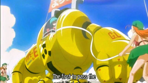 Anime girls in skimpy outfits pose with giant yellow mecha robot under blue sky