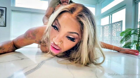 Ebony baddie with huge ass and tattoos takes BBC doggy style on marble floor