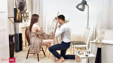 Skinny teen posed in revealing dress for drawing teacher art lesson