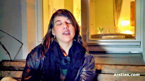 Roesi, 26yo fashion photographer, aroused in leather jacket on kitchen counter