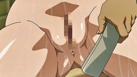 Hentai babe with big wet ass bent over as hand grips knife at censored pussy
