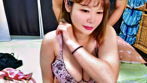 Megu_Melon in pink lace lingerie, big Asian tits cleavage tease