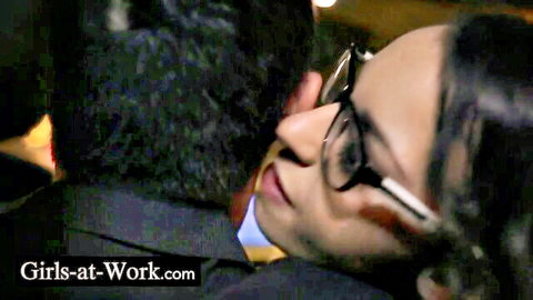 Brunette glasses babe neck kissed by suited man in office tease