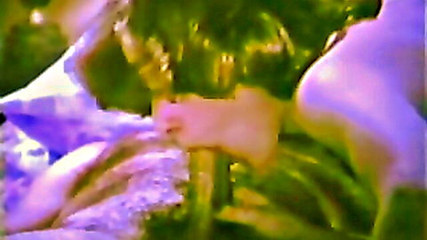 Blurry vintage babe gripping thick green stem between spread thighs in retro erotic pose