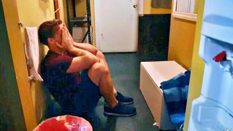 Exhausted man covering face in bathroom after hookup, Reality Kings 'Had Her Fill'