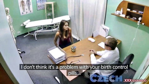 Skinny blonde patient with small tits cleavage consults glasses doctor in clinic exam