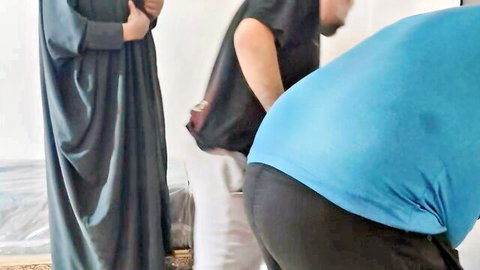 Salma Arabic in abaya teased by carpenter and assistant in Egyptian threesome