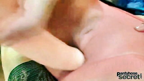Fingers fucking wet shaved pussy through ripped pantyhose closeup