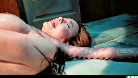 Ecstatic curvy Asian hentai babe with huge tits wrapped in slimy tentacles on bathroom floor glistening with cum