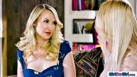 Blonde MILF in blue dress scolds stepdaughter, lesbian incest tease